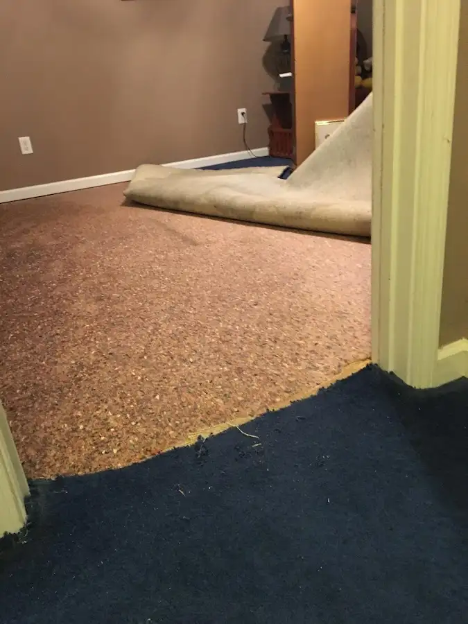 Carpet pad removal revealing water damage during Drying & Dehumidification in Fair Oaks